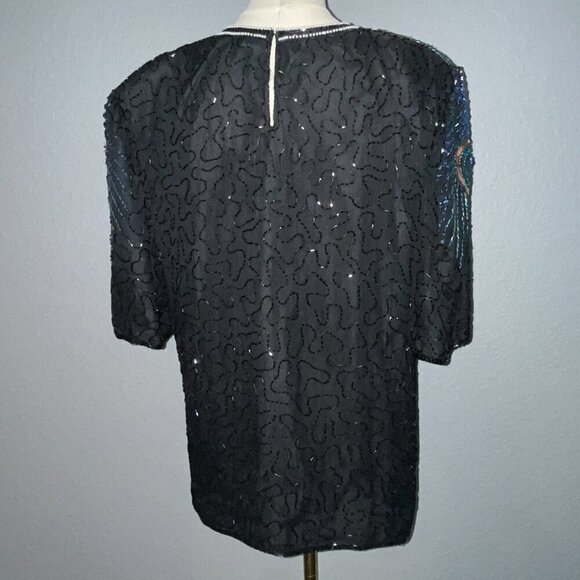 LAWRENCE KAZAR NEW YORK Beaded Top Black Peacock Design 100% Silk Plus Size 2X - Picture 8 of 16
